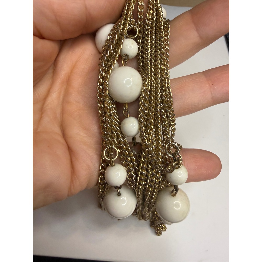 Vintage Multi Strand Gold Tone Chain Necklace White Bead Accents 36 Inch Long